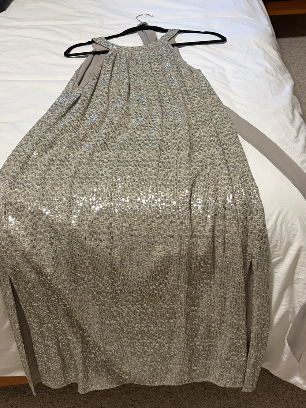Velvet Silver Sequin Halter Maxi Dress with Side Slits